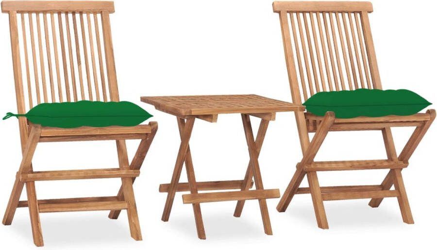The Living Store Eethoek Teakhout Tuintafel en Stoelen 50x50x50 cm Groen Kussen