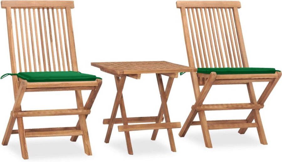 The Living Store Eethoek Teakhouten Tuintafel en stoelen 50x50x50 cm Groen kussen