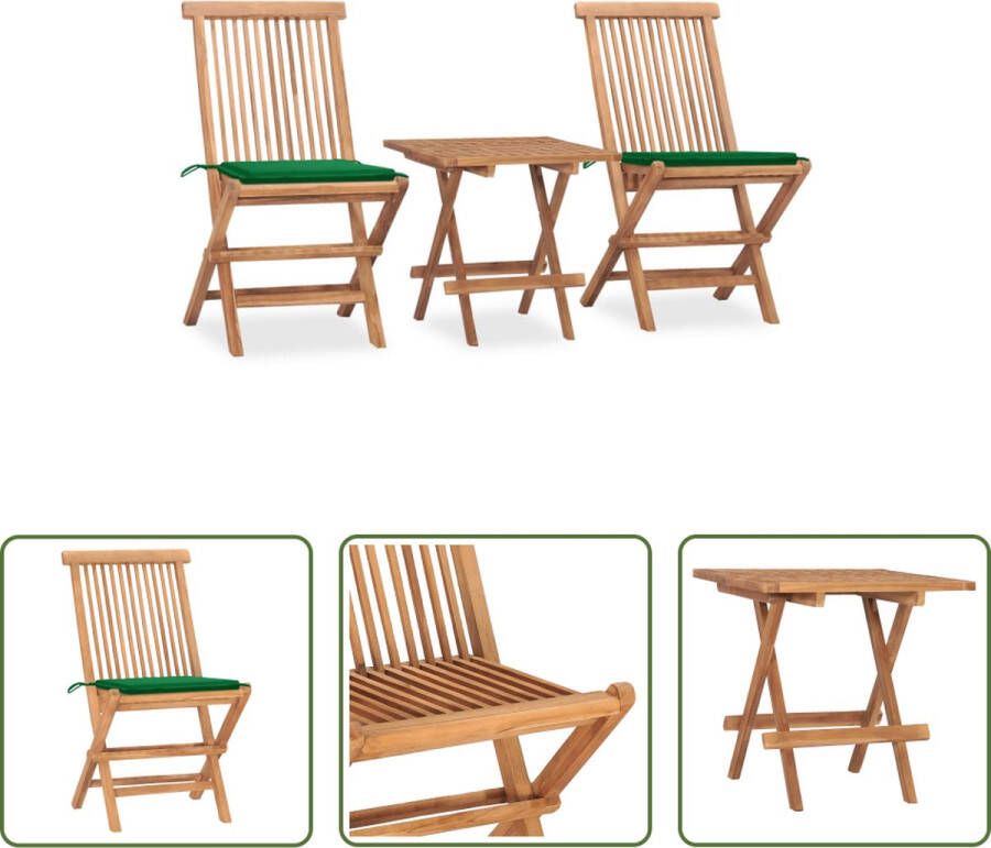 The Living Store Eethoek Teakhouten Tuintafel en stoelen 50x50x50 cm Groen kussen