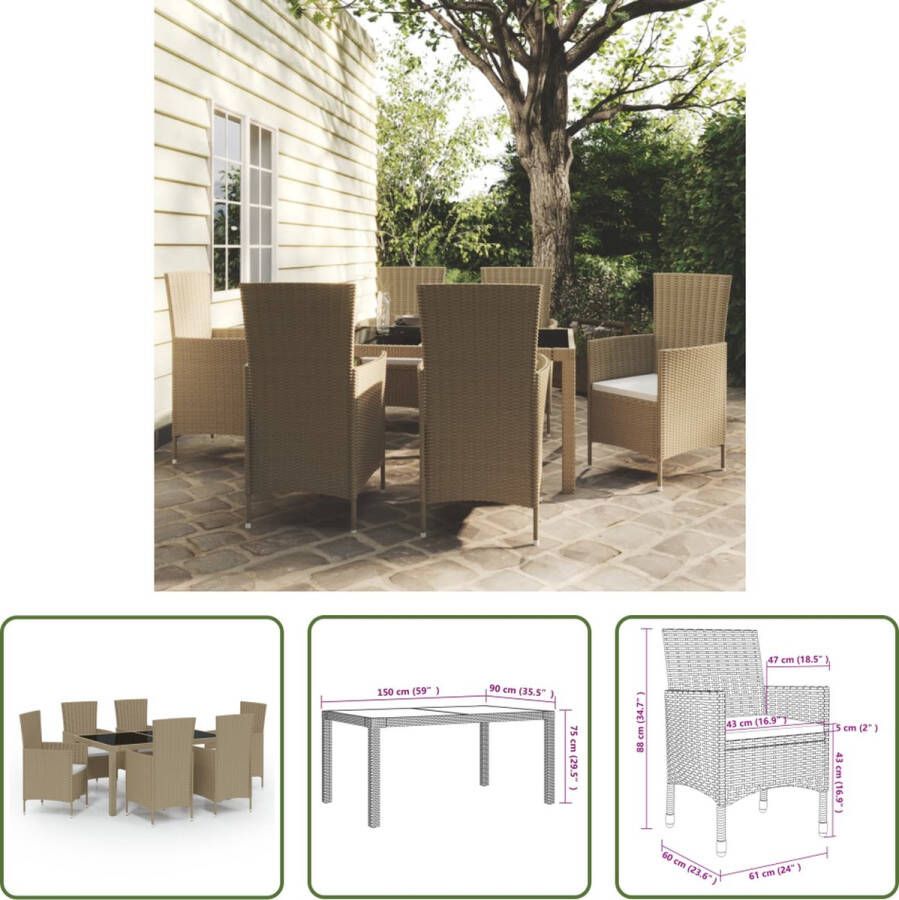 The Living Store Eethoek Tuinset 150x90x75 cm Beige Zwart Staal Glas 6 Stoelen Crèmewit Kussen