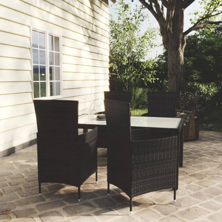 The Living Store Eethoek Tuinset 150x90x75 cm Zwart Poly Rattan Gepoedercoat Staal Gehard Glas 4 Stoelen Zwart Kussen