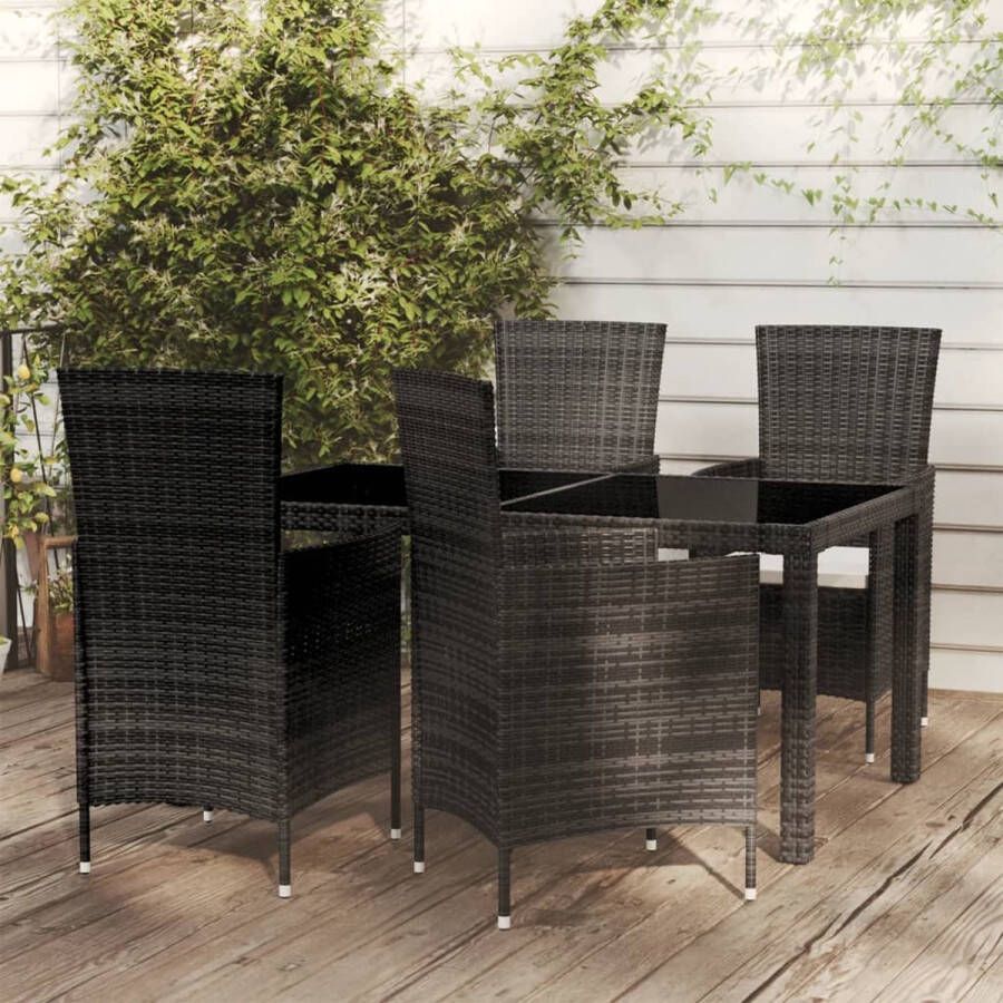 The Living Store Eethoek Tuinset 150x90x75 cm Zwart Poly rattan Gepoedercoat staal Gehard glas 4 stoelen Crèmewitte kussens