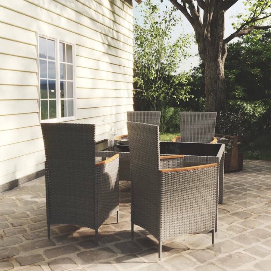 The Living Store Eethoek Tuinset 150x90x75 zwart poly rattan gepoedercoat staal gehard glas grijs donkergrijs 1 tafel 4 stoelen 4 zitkussens