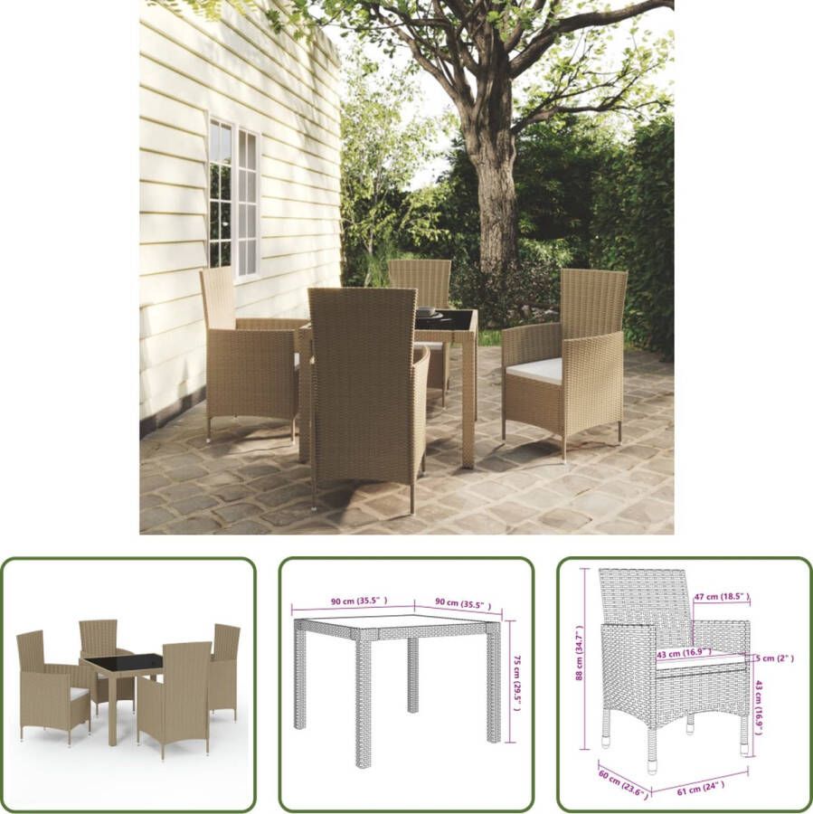 The Living Store Eethoek Tuinset 90x90x75 cm Beige Zwart Inclusief 4 stoelen en zitkussens