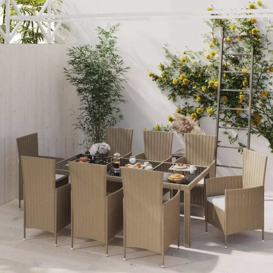 The Living Store Eethoek Tuinset Tafel- Beige Zwart Poly Rattan Staal Glas 190x90x75cm Stoel- Beige Poly Rattan Staal Stof 61x60x88cm Montage vereist