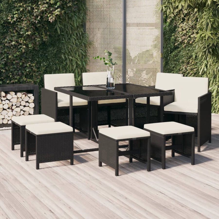 The Living Store eethoek tuinset zwart PE rattan 109 x 107 x 74 cm inclusief kussens