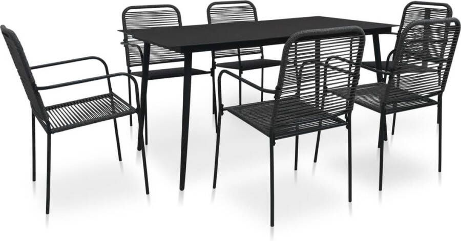 The Living Store Eetkamermeubelset 7-delig Zwart 150x80x74cm Katoenen touw gepoedercoat staal en gehard glas