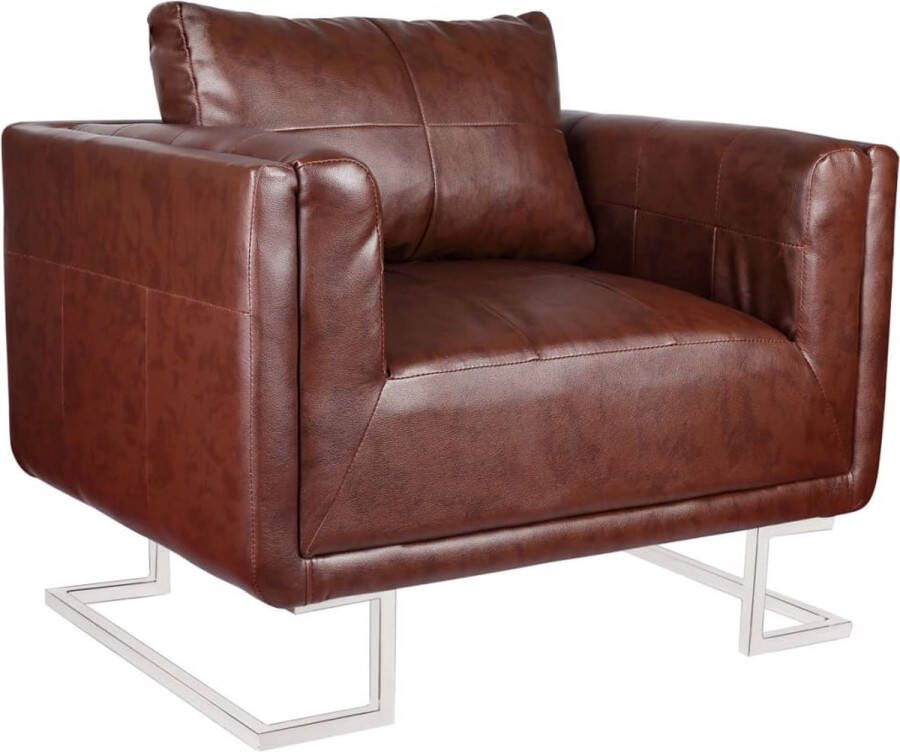 The Living Store Fauteuil met verchroomde poten kubus kunstleer bruin Fauteuil