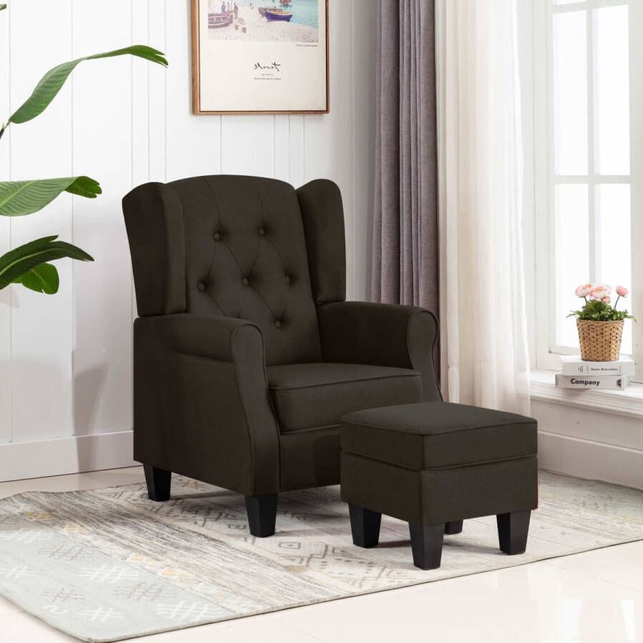 The Living Store Lounge fauteuil Armstoel + Voetenbank Donkerbruin stof 68x78x94cm Stabiel houten frame