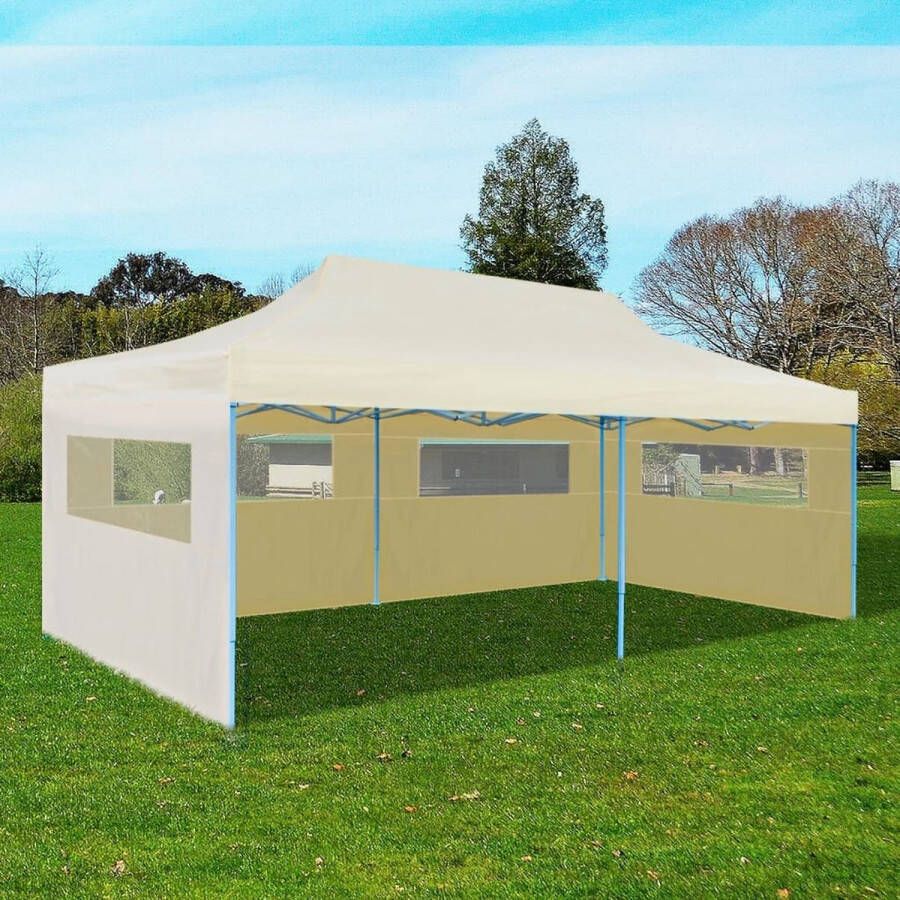 The Living Store Feesttent Inklapbaar 580x291x315 cm Waterdicht Oxford Dak met PVC-coating Crème Gepoedercoat Stalen Frame Inclusief Zijwand met Transparante PVC Ramen Eenvoudige Montage