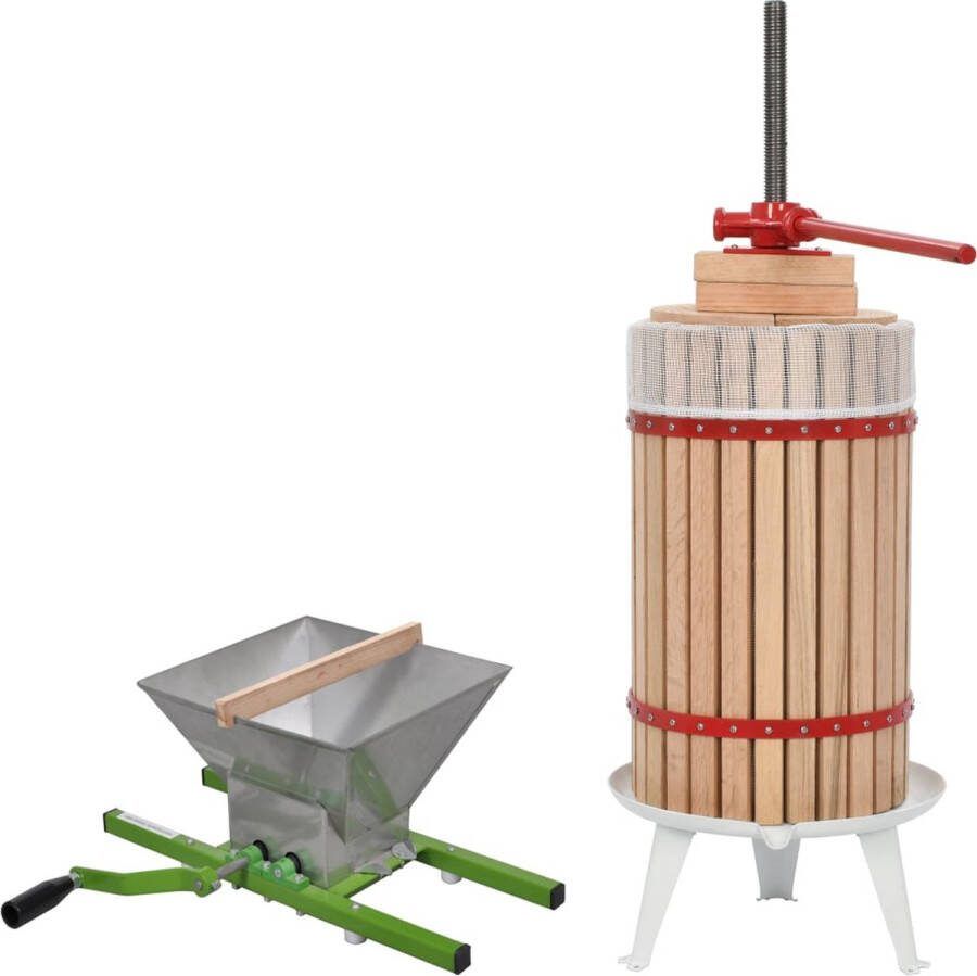 The Living Store Fruitpersset Fruit- en wijnpers Pers en Stamper 30L Eikenhouten vat Gietijzeren hardware