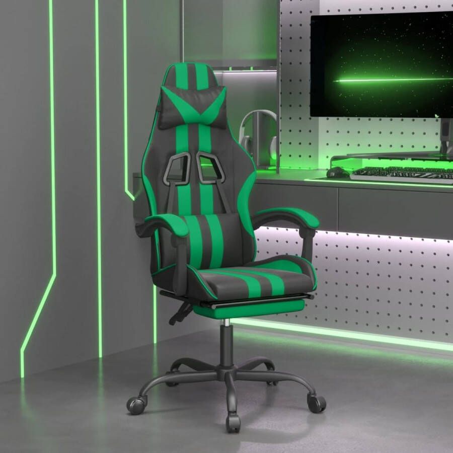 The Living Store Gamestoel draaibaar met voetensteun kunstleer zwart en groen Bureaustoel