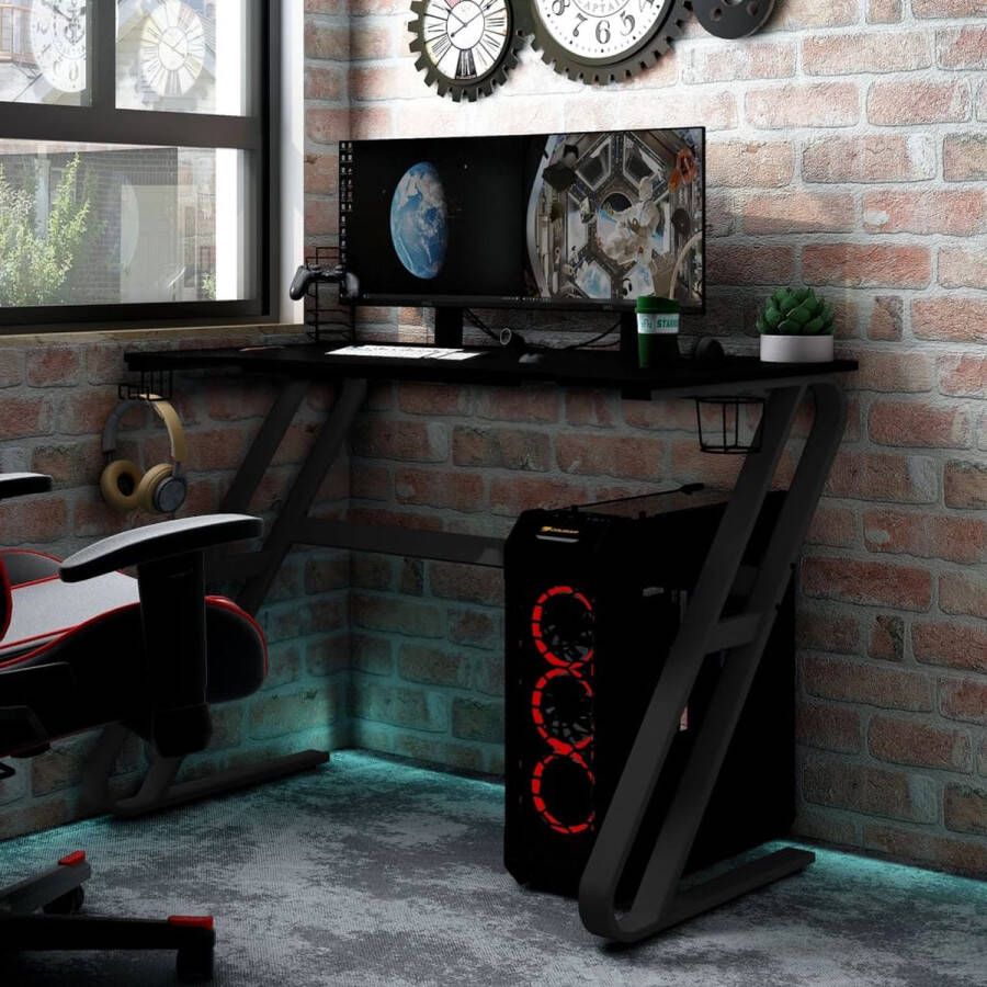 The Living Store Gaming Bureau Ergonomisch Ontwerp Koptelefoonrek Controllerrek Bekerhouder Ruimte voor Monitoren en Game-apparatuur Zwart 90 x 60 x 75 cm