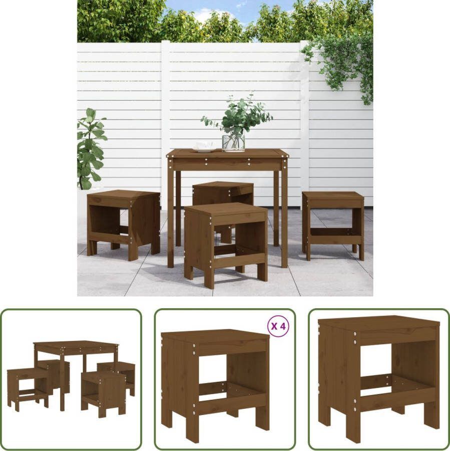 The Living Store Grenen Houten Tuinset Tafel 82.5x82.5x76cm Krukken 40x36x45cm Honingbruin