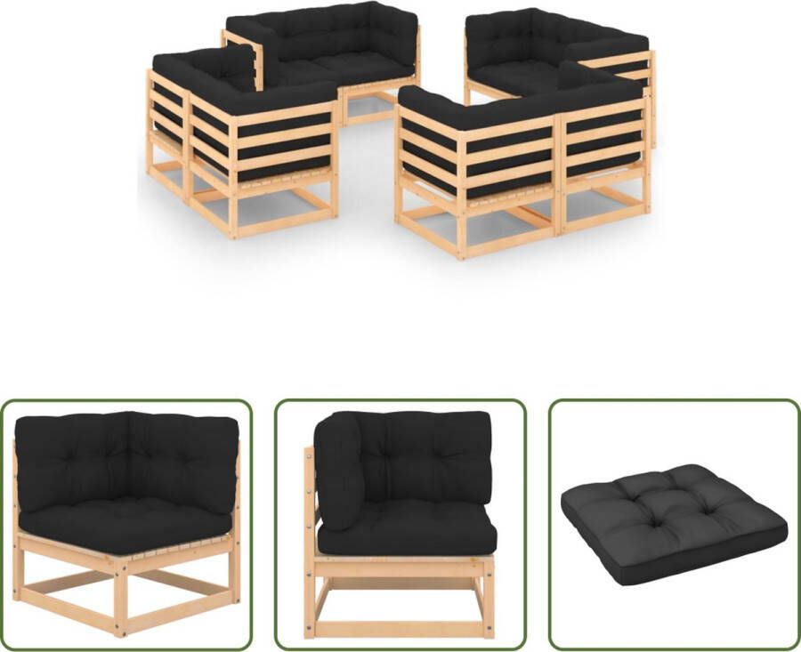 The Living Store Grenenhouten loungeset 8 hoekbanken Antraciet kussens 70x70x67 cm (BxDxH) Montage vereist