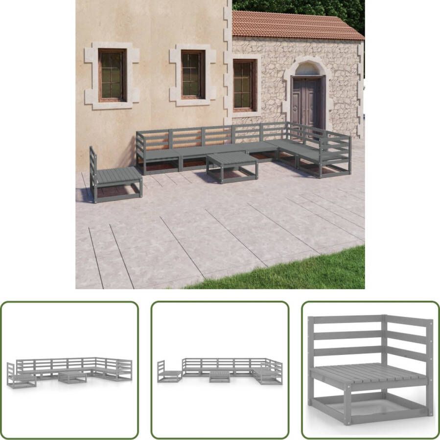 The Living Store Grenenhouten Tuinset 3 hoekbanken 5 middenbanken 1 tafel Grijs 70x70x67 cm