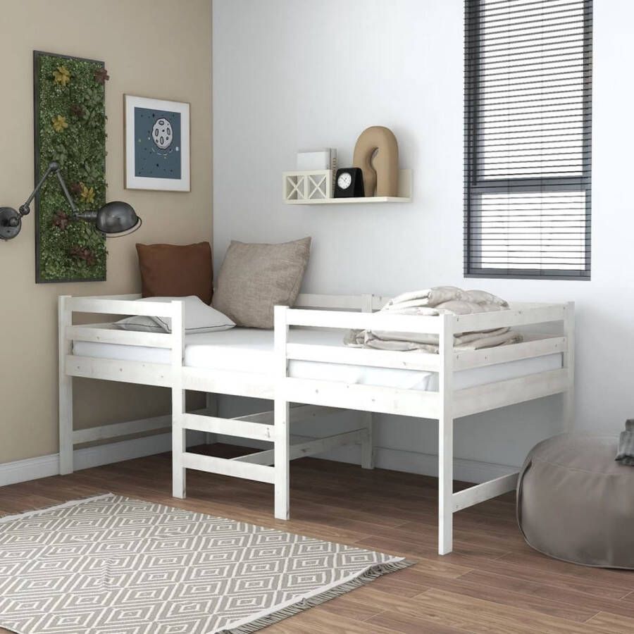 The Living Store Halfhoogslaper met matras massief grenenhout 90x200 cm wit Bedframe Bedframes Halfhoog Bed Halfhoge Bedden Houten Bed Houten Bedden Eenpersoonsbed Eenpersoonsbedden Kinderbed Kinderbedden Slaapkameraccessoire