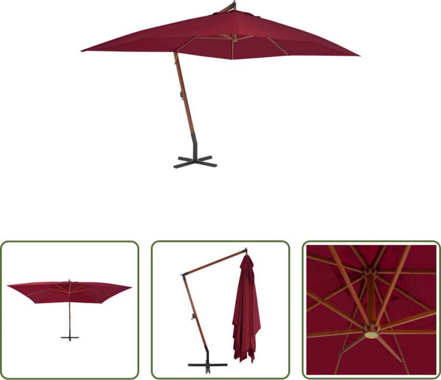 The Living Store Hangende Houten Parasol Bordeauxrood 400x300x285 cm UV-beschermend polyester Stevige kruisvoet Zwengelsysteem 8 baleinen