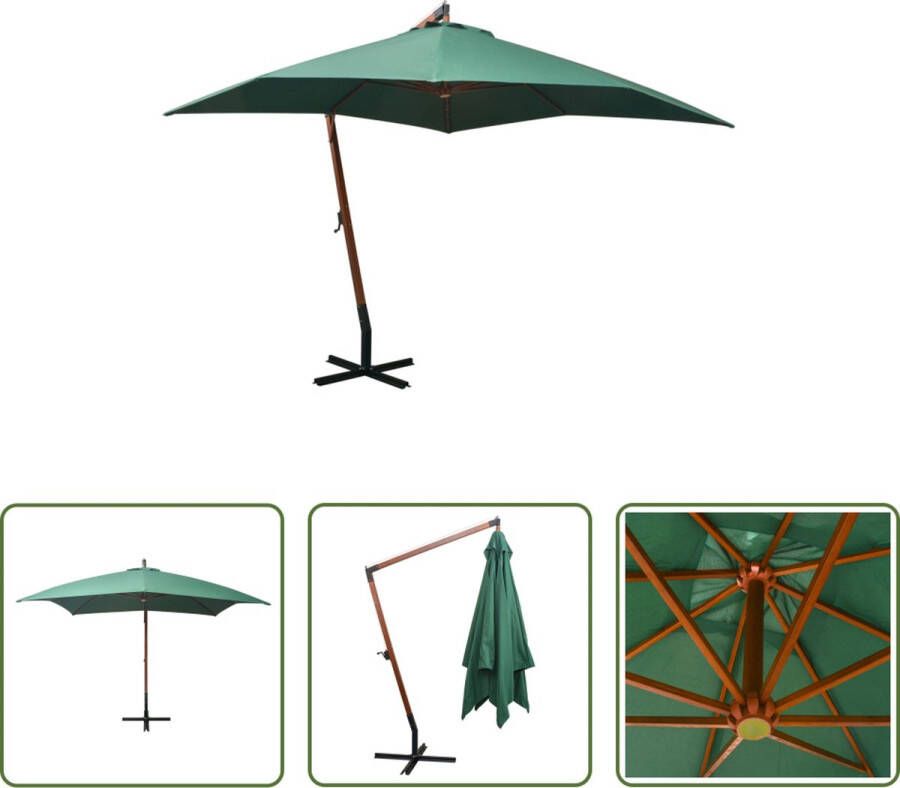 The Living Store Hangende Parasol Groen 300x300 cm Houten Paal 8 Bamboe Baleinen