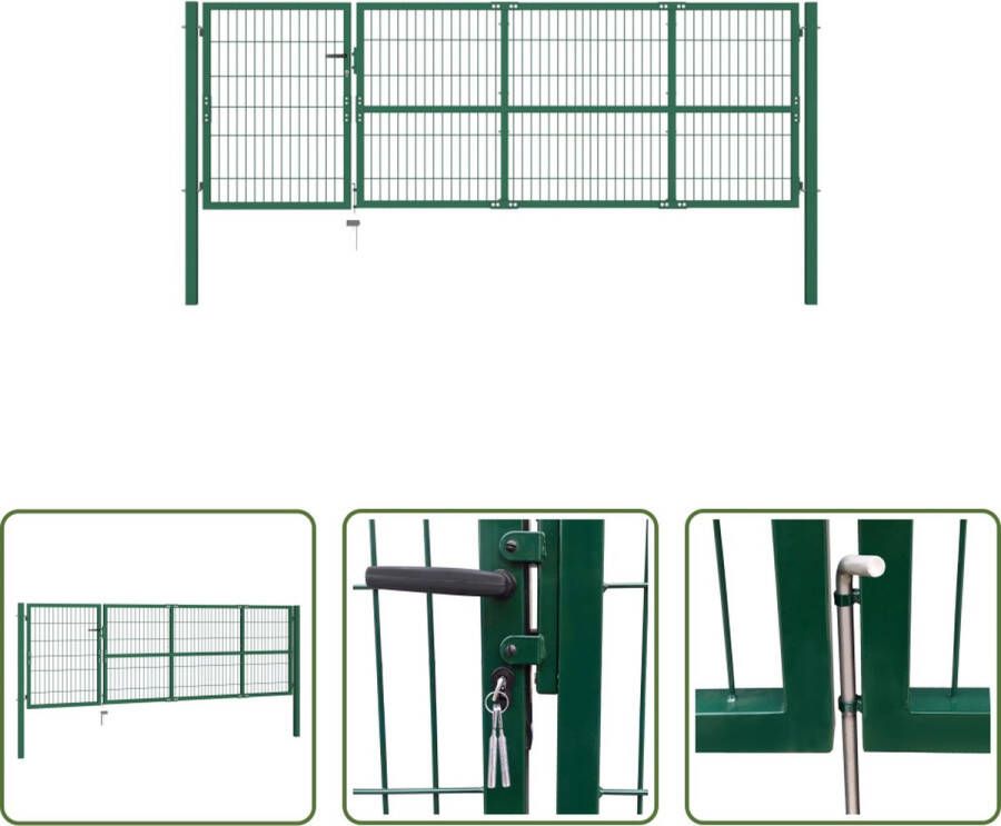 The Living Store Hekpoorten Groene Gepoedercoate Stalen Tuinpoort 100 cm Hoog 350 cm Afstand 6 x 6 x 150 cm Paal 5 x 20 cm Gaas Inclusief 3 Sleutels