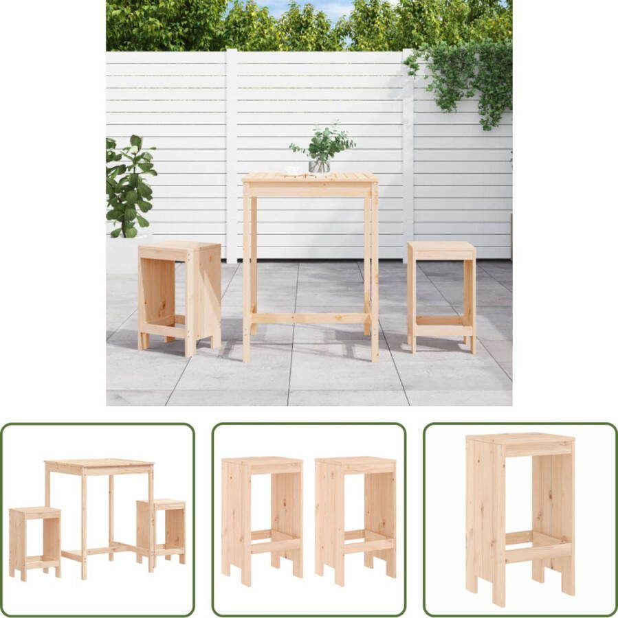 The Living Store Houten Barset Grenenhout Tuintafel 82.5x82.5x110cm Barkruk 40x36x75cm