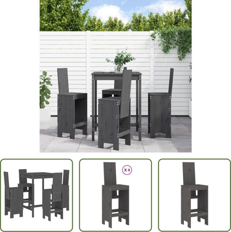 The Living Store Houten Barset Massief grenenhout Tuintafel 82.5x82.5x110cm Barkruk 40x42x120cm Grijs