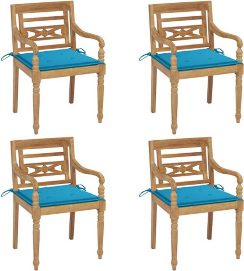 The Living Store Houten Batavia Tuinstoelen Set van 4 Teakhout Inclusief Kussens Blauw 55x51.5x84 cm