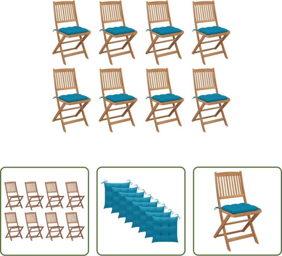 The Living Store Houten Eetstoelen Acaciahout Inklapbaar Lichtblauwe Kussens Set van 8