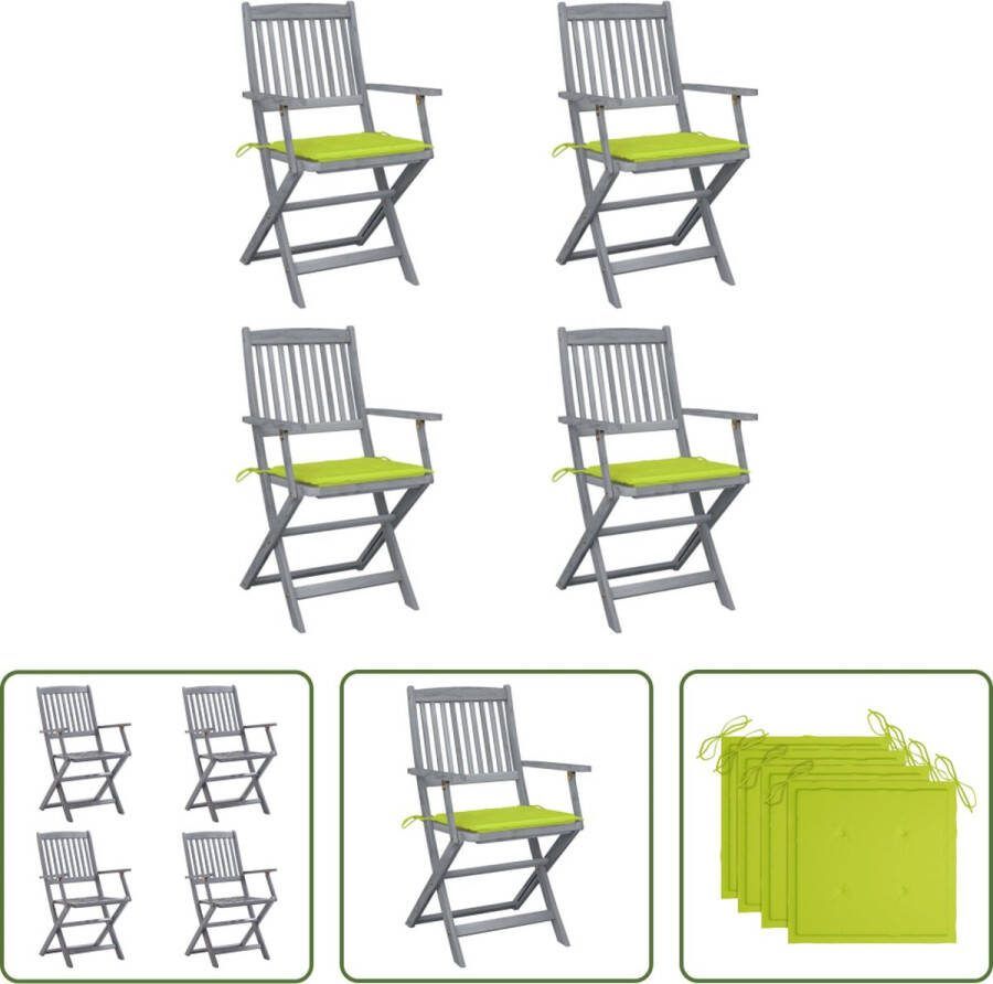 The Living Store Houten Klapstoelenset Acaciahout Inklapbaar Helder groene kussens 4 stoelen 4 kussens