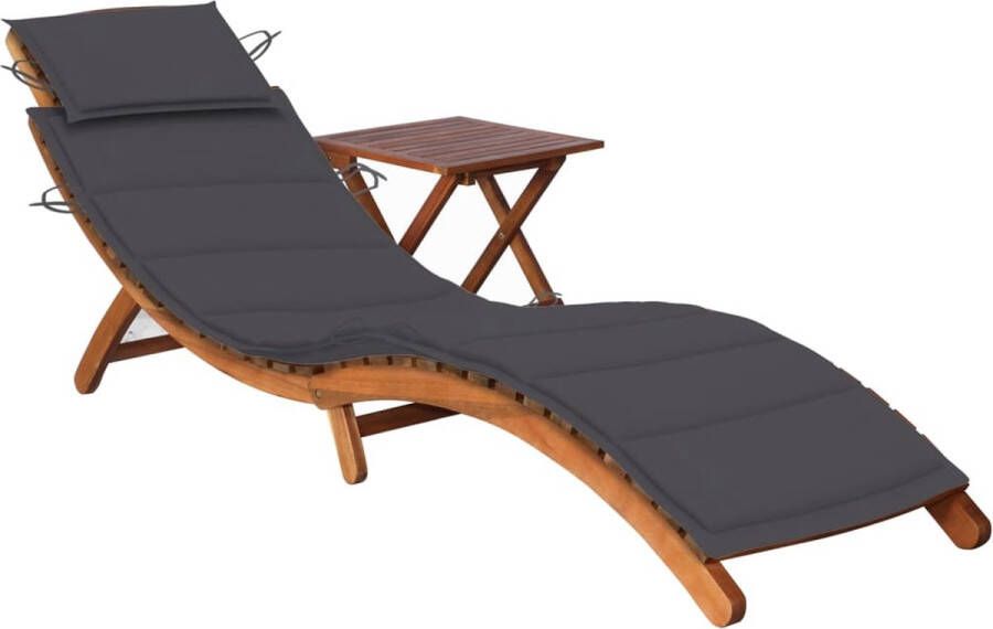 The Living Store Houten ligbed Loungebed en tafel Antraciet kussen Massief acaciahout Geen montage vereist