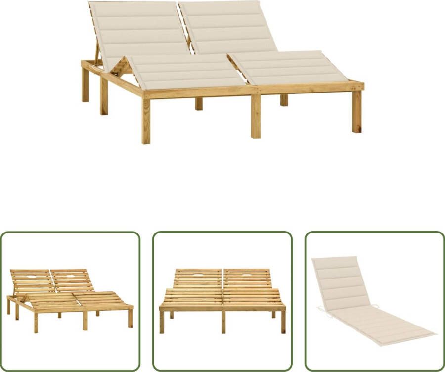 The Living Store Houten Loungebed 2-persoons tuinbed Geïmpregneerd grenenhout Verstelbare rugleuning Inclusief kussens Kleur kussen- crème Afmetingen- 200 x 138 x (31.5 77) cm Montage vereist