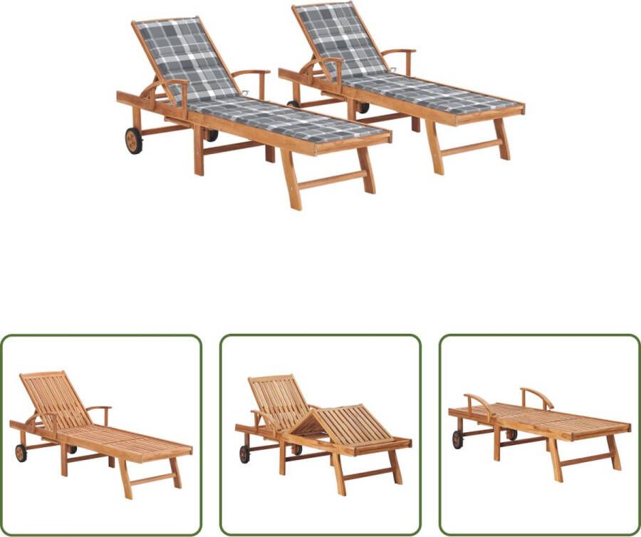 The Living Store Houten Loungebed Teakhout Ligstoel met verstelbare rugleuning 195 x 59.5 cm Inclusief 2 kussens