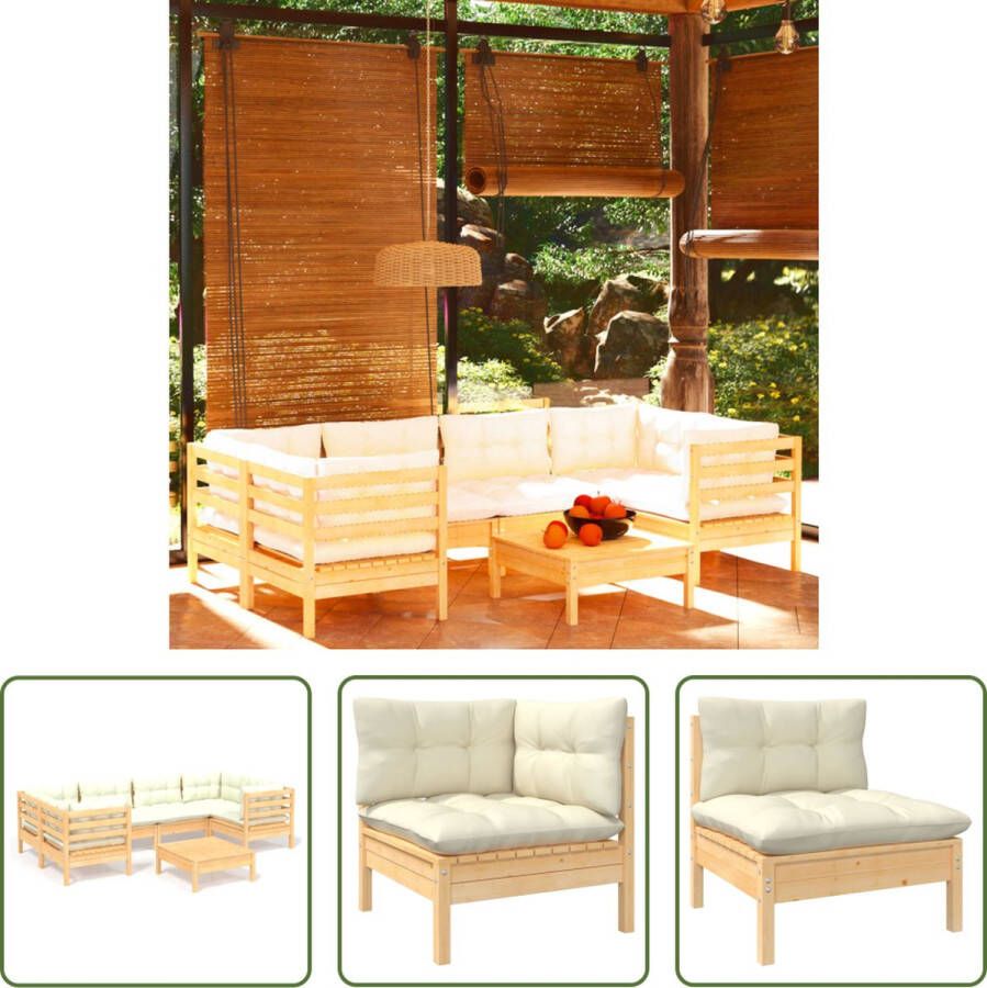 The Living Store Houten Loungeset Hoek Middenbank Voetenbank Tafel Crème Kussen Montage vereist
