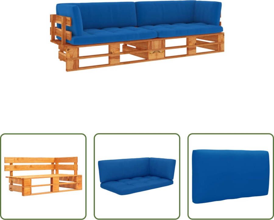 The Living Store Houten Pallet Hoekbank 110 x 65 x 55 cm Grenenhout Koningsblauw kussen