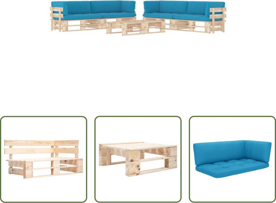 The Living Store houten pallet loungeset tuinmeubelset 60x60x25 blauw kussen grenenhout geïmpregneerd