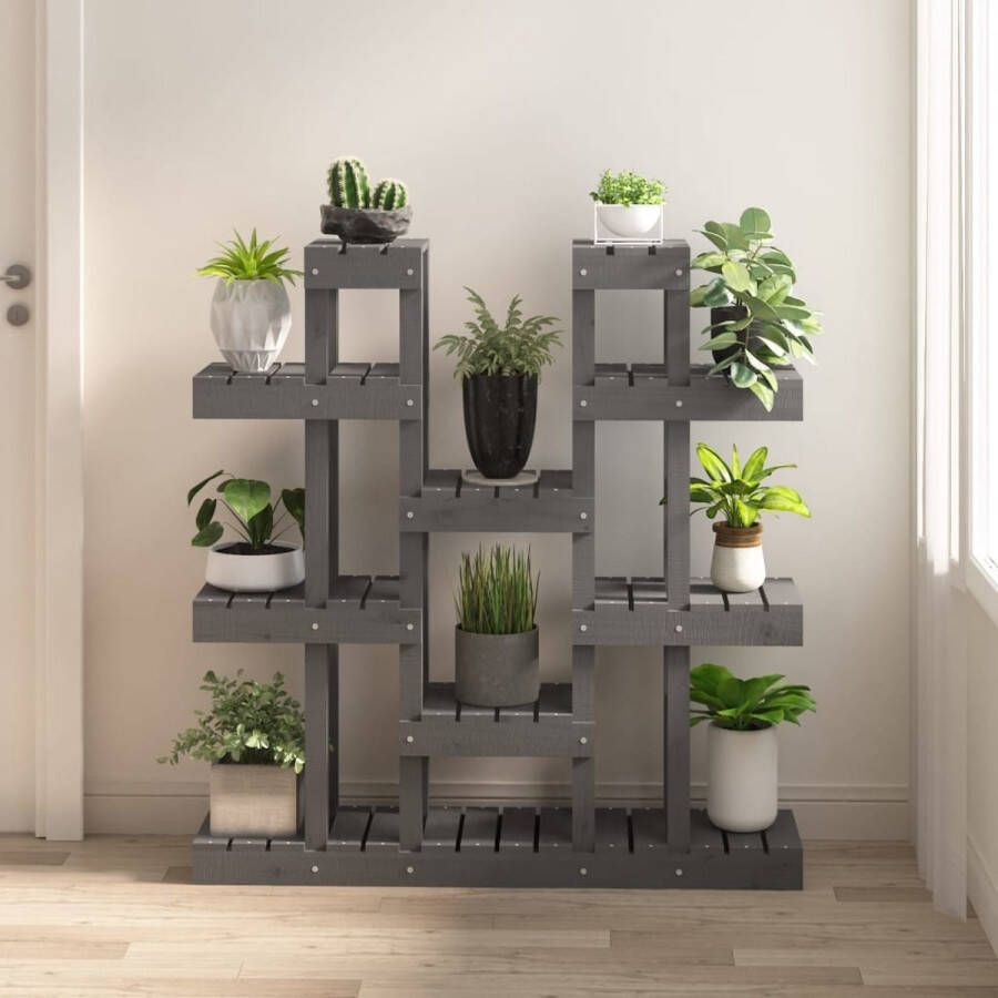 The Living Store Houten Plantenstandaard Grijs 104.5 x 25 x 109.5 cm Massief Grenenhout