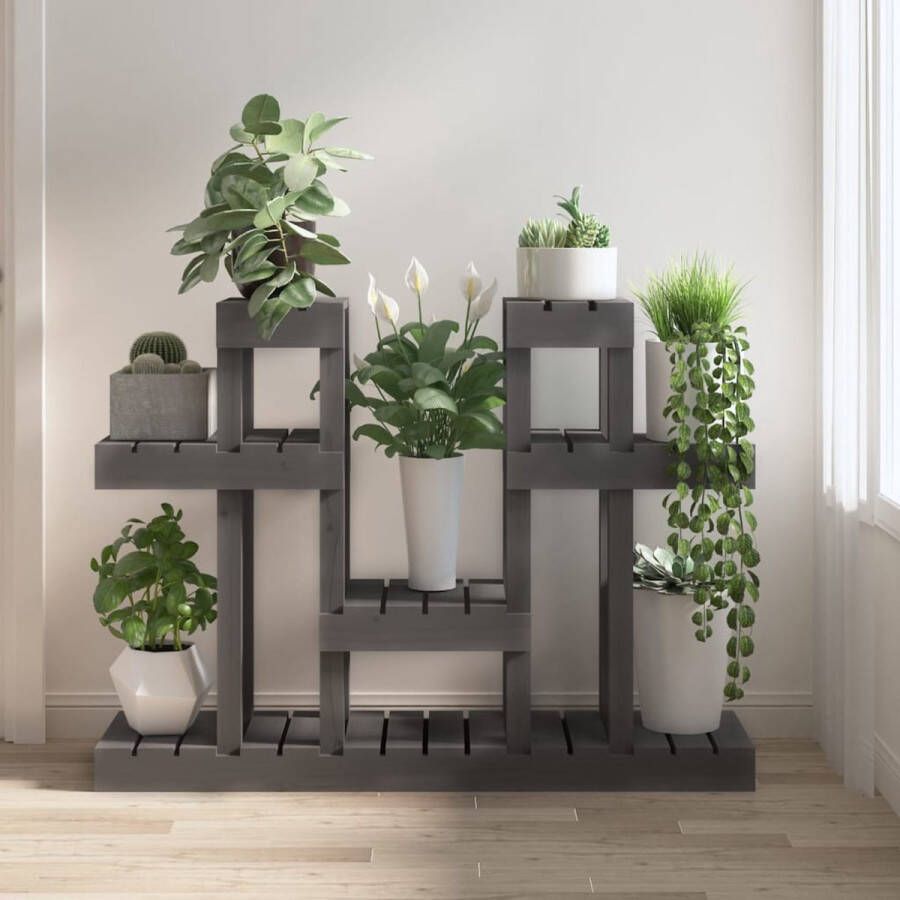 The Living Store Houten Plantenstandaard Grijs 104.5 x 25 x 77.5 cm Massief grenenhout Stabiel frame Uniek ontwerp