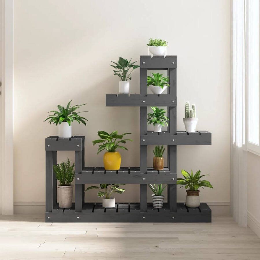 The Living Store Houten Plantenstandaard Grijs 92 x 25 x 97 cm Massief Grenenhout