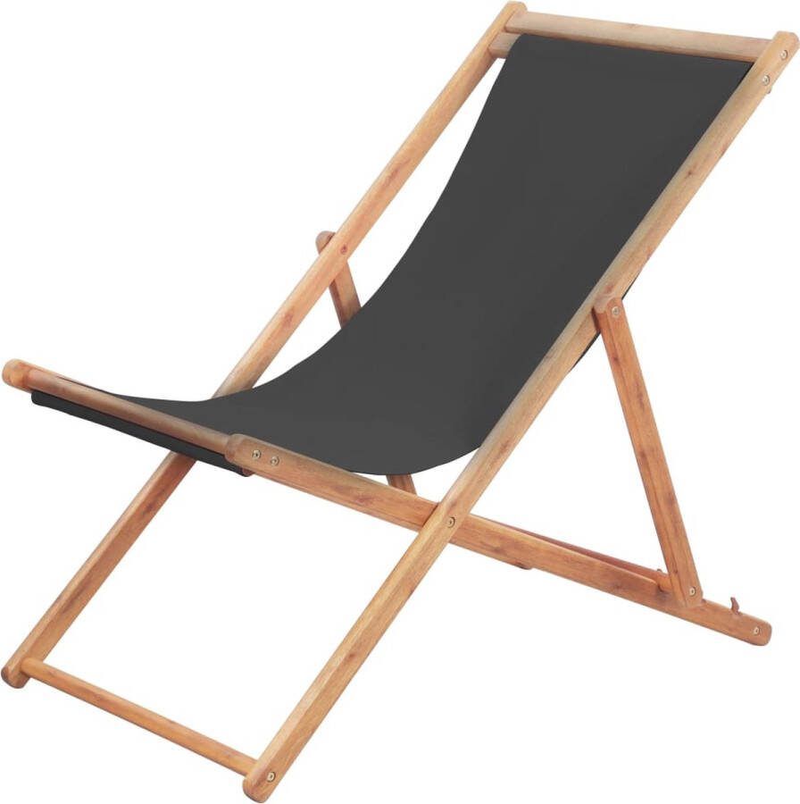 The Living Store Houten Strandstoel Campingstoel Verstelbaar Grijs Eucalyptushout frame Polyester zitting