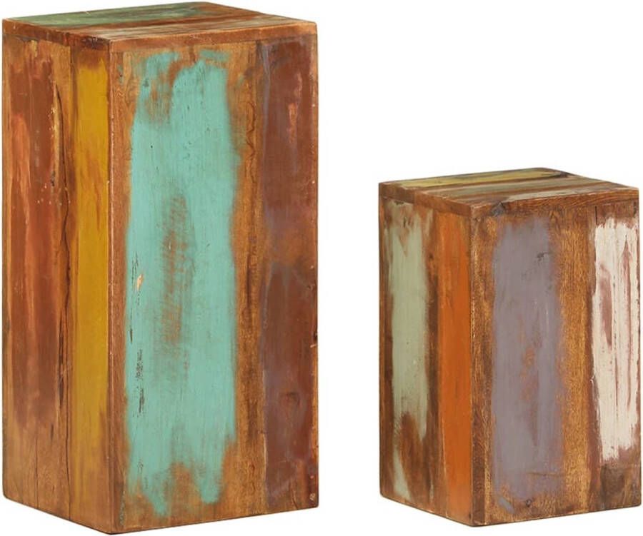 The Living Store Houten Tafeltjes Set van 2 28x28x59 cm en 23x23x39 cm Handgemaakt van gerecycled hout