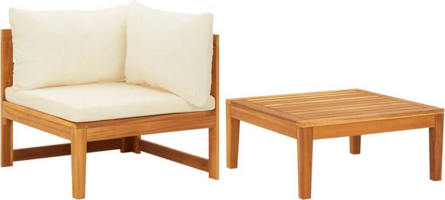 The Living Store Houten Tuinloungeset Hoekbank 66 x 66 x 60 cm Tafel 64 x 64 x 29 cm Crèmewit Kussen