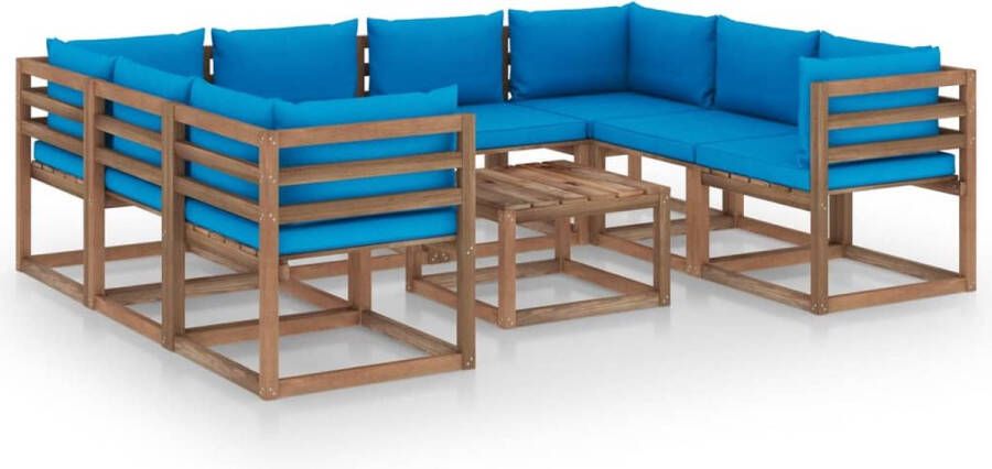 The Living Store Houten tuinset hoekbank en middenbank tafel kussens lichtblauw 100% polyester