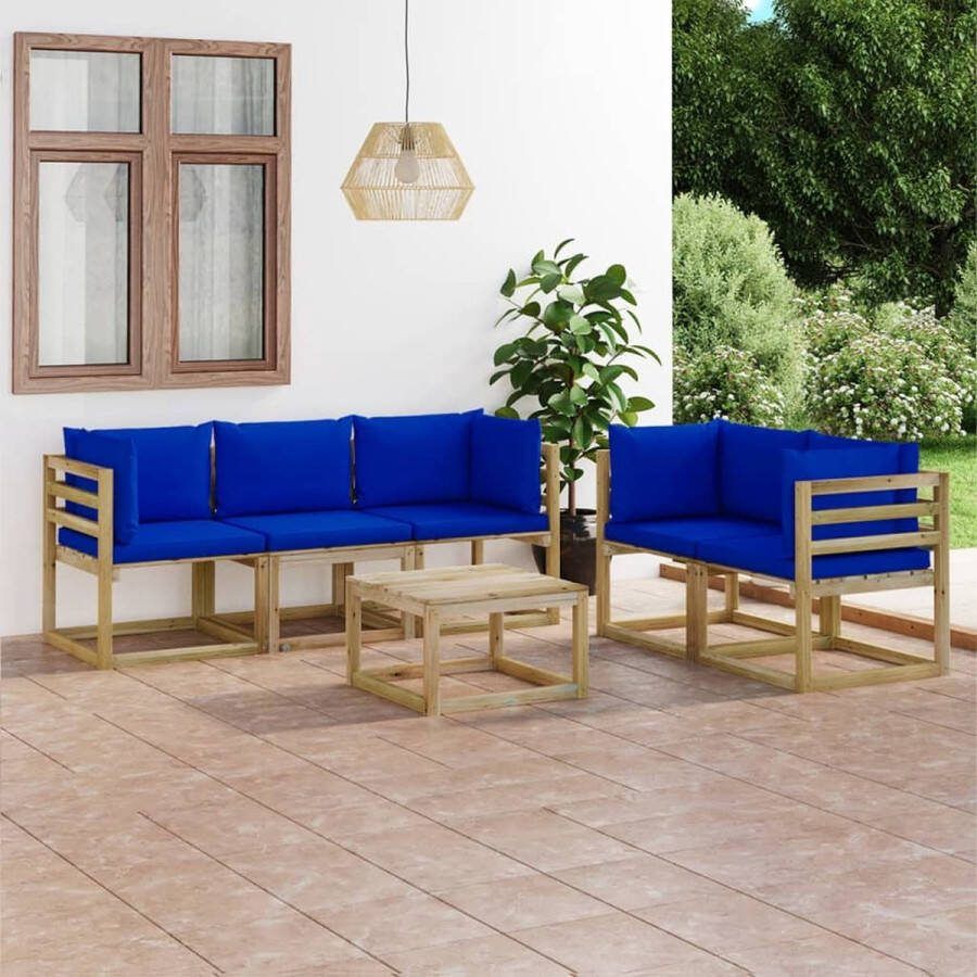 The Living Store Houten Tuinset Hoekbank en Tafel Blauwe Kussens Grenenhout 64 x 64 x 70 cm 100% Polyester