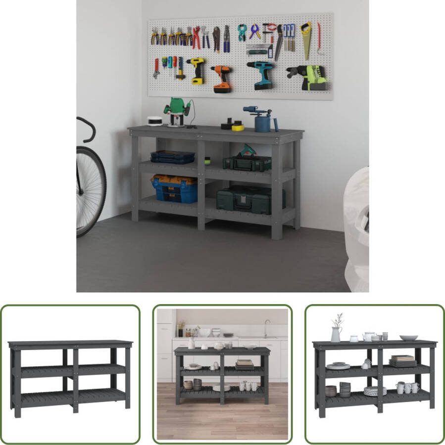 The Living Store Houten Werkbank Grijs 142.5 x 50 x 80 cm Massief grenenhout