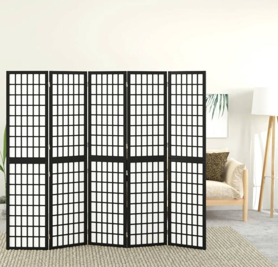 The Living Store Kamerscherm Japanse Stijl 200x170 cm Inklapbaar Massief Vurenhout Rijstpapier Zwart