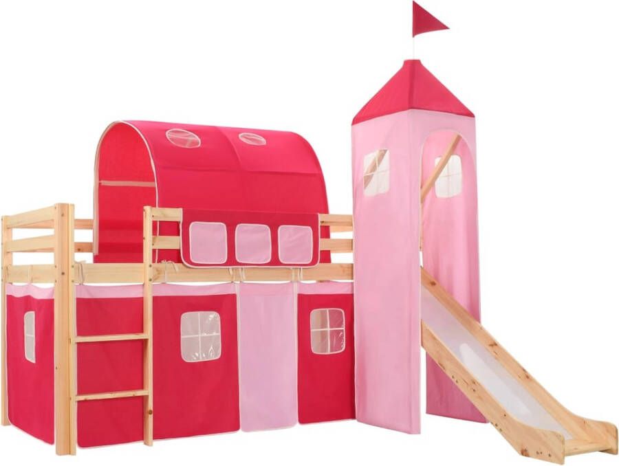 The Living Store Kinderhoogslaper Prinsessenthema Houten hoogslaper inclusief tent glijbaan en ladder 90x200 cm