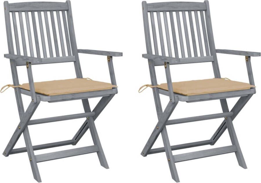 The Living Store Klapstoel Acaciahout Set van 2 Beige kussen 54x57x91cm Montage vereist