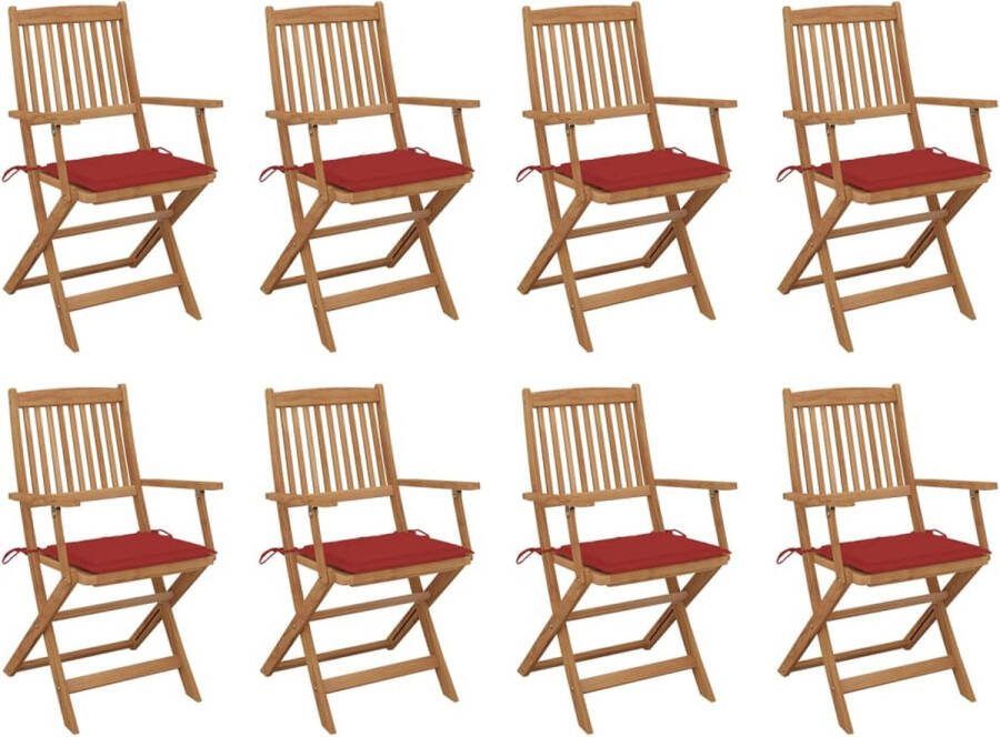 The Living Store Klapstoelen Set Acaciahout Inklapbaar 8 Stuks Rood Kussen