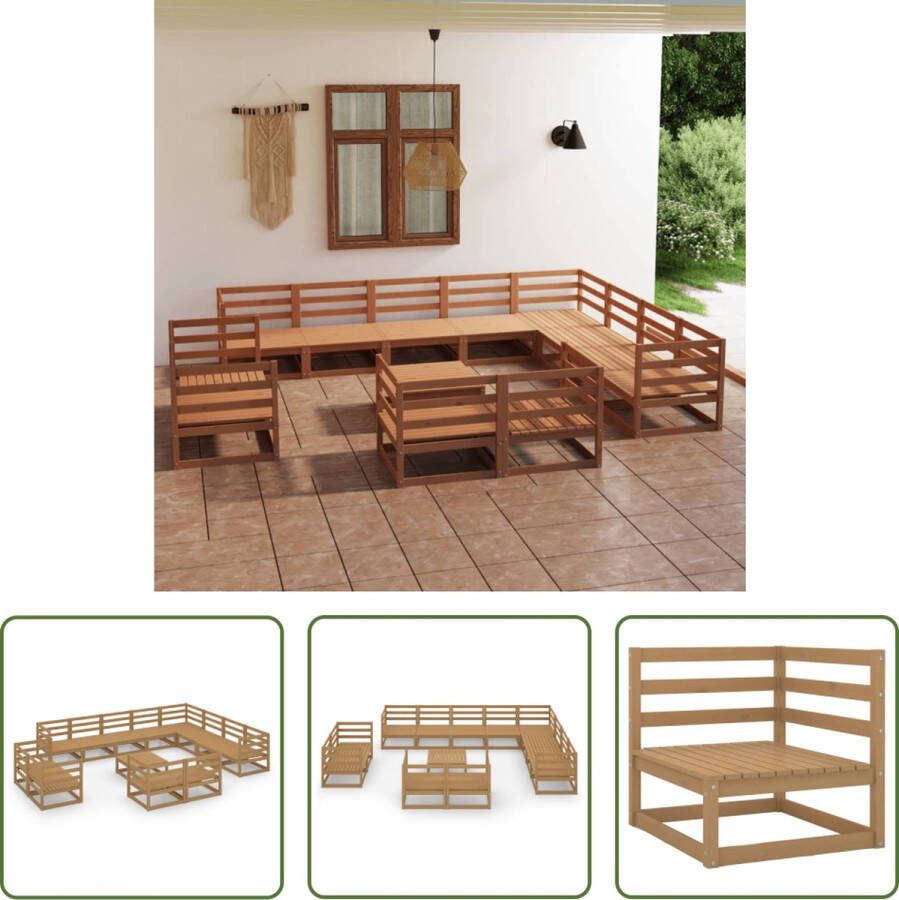 The Living Store Klassieke Grenenhouten Tuinset Hoekbank Middenbank Tafel 70x70x67 cm Honingbruin