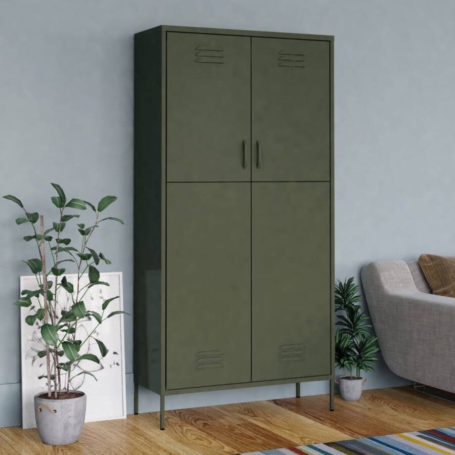 The Living Store Kledingkast Olijfgroen Staal 90 x 50 x 180 cm 4 verstelbare schappen